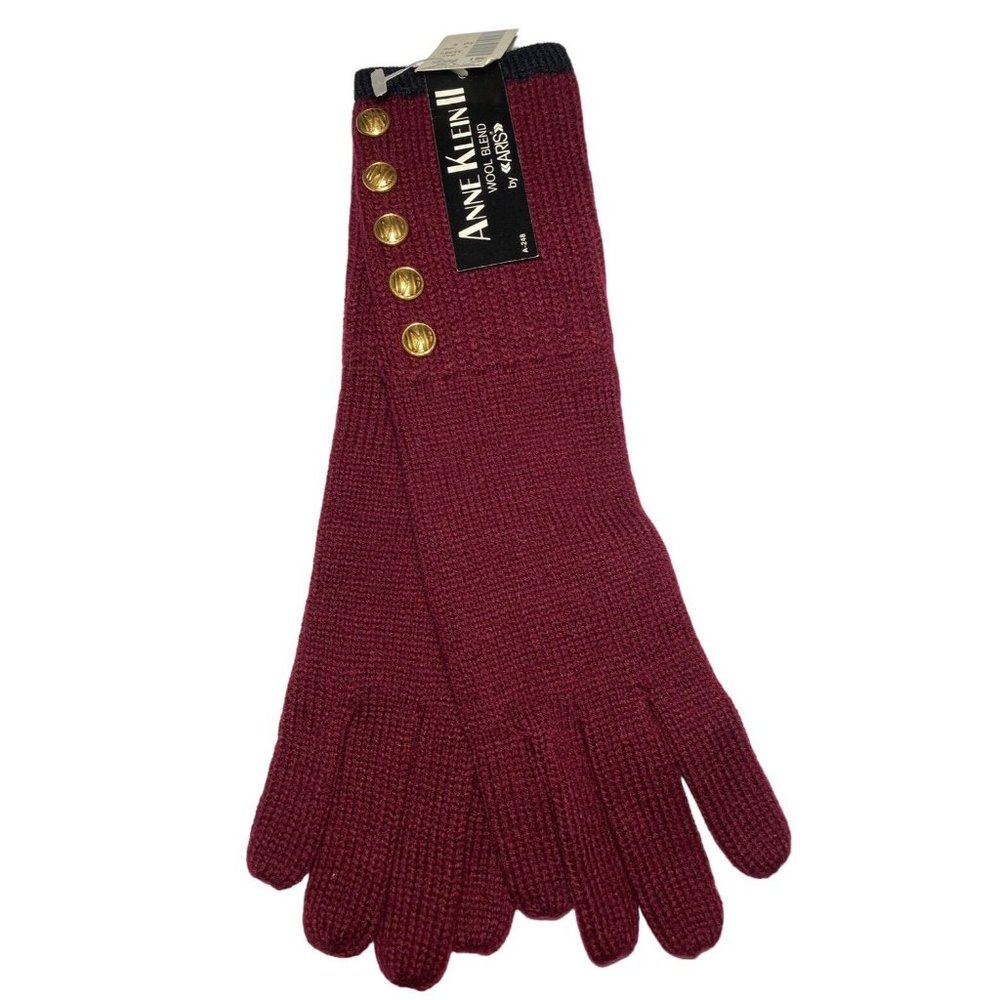 Anne Klein Aris Red Black Wool Knit Gloves Long Gold Button‎ NWT